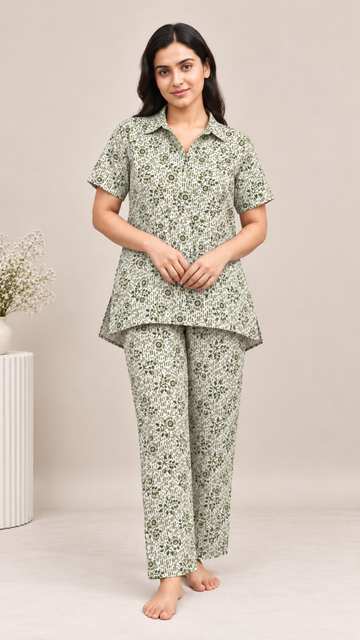 Night Suit -  Green Small Floral - Coords