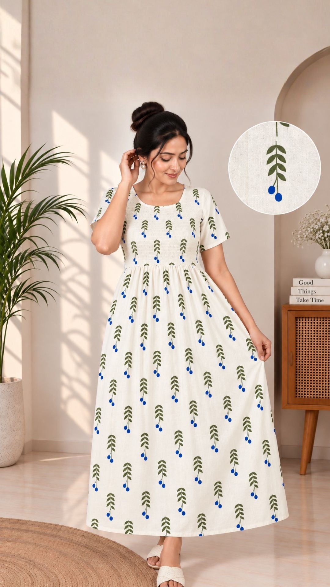 White blossom Smocking nighty