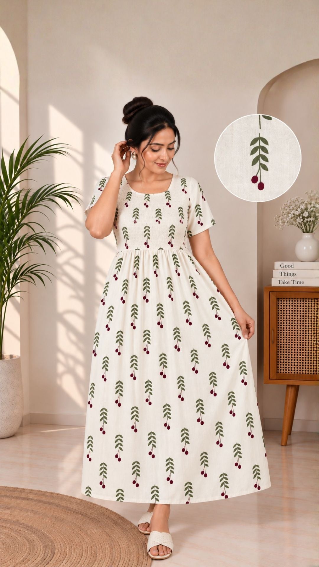 White blossom Smocking nighty